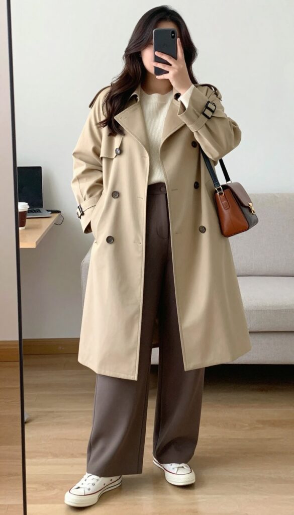 Woman in beige trench coat, cashmere sweater, wide-leg trousers, and white Converse sneakers, standing in a bright, airy room.