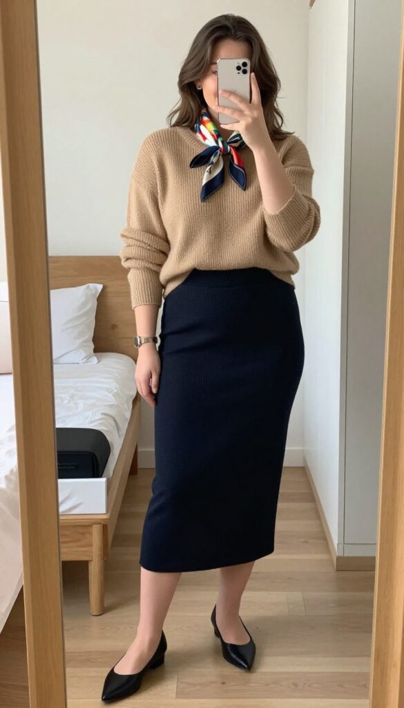Woman in pencil skirt and soft sweater, half-tucked, with pointed flats and silk scarf, in a business casual travel outfit.