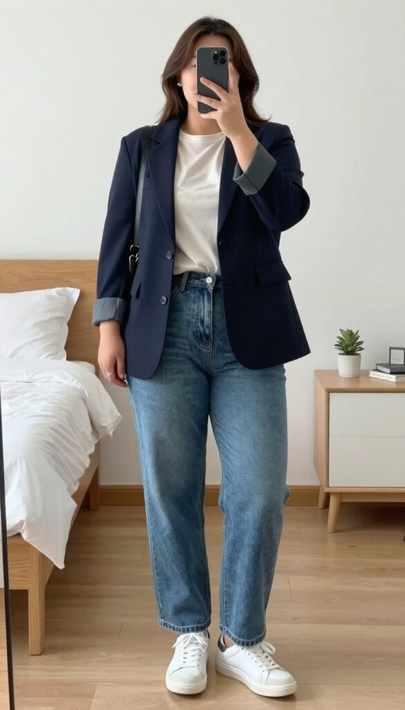 Woman in navy blazer, graphic tee, straight-leg jeans, and white sneakers, carrying a crossbody bag, posing in a casual campus setting.