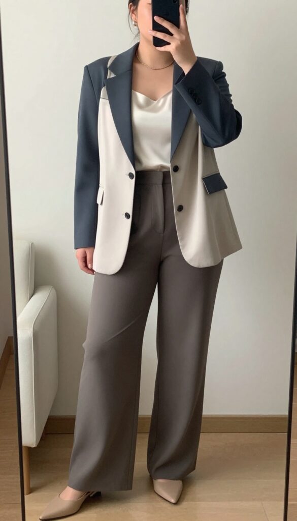Woman in blazer, silk camisole, and wide-leg trousers, standing in a professional setting.