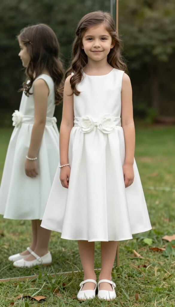 Classic white satin A-line dress with large floral bow for flower girl at garden wedding