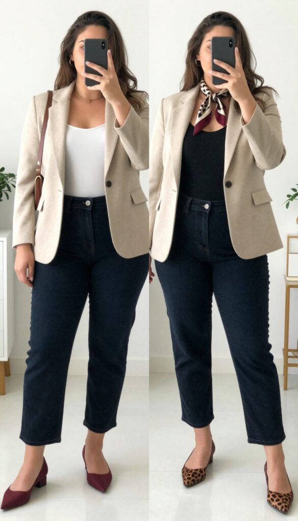 Pregnant woman in knit blazer and maternity jeans, taking a mirror selfie