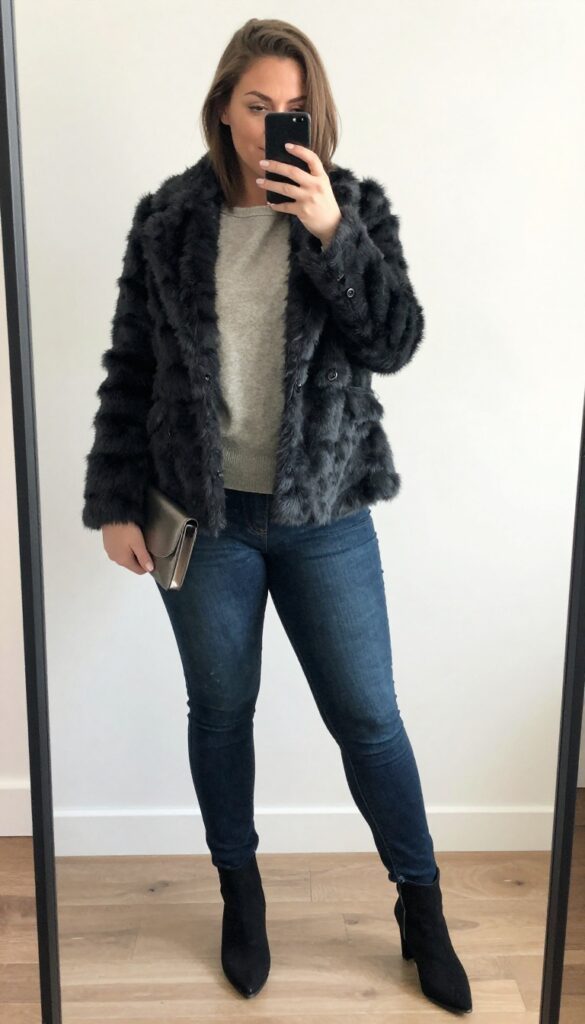 A woman wearing a faux fur-trimmed blazer with a knit top and skinny jeans, posing for a mirror selfie in a bedroom, partially covering her face with her phone.