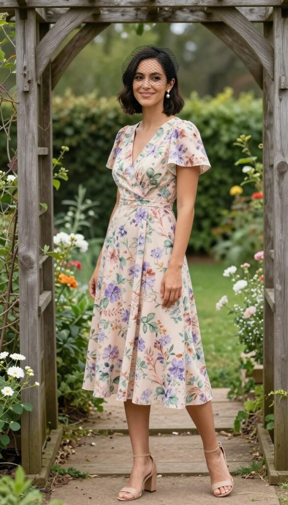 Woman in floral midi dress with birdcage veil in garden