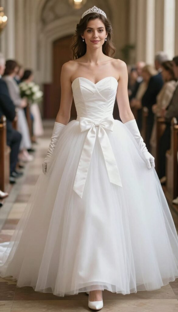Bride in white princess ball gown with oversized satin bow on skirt, tiara, and long gloves, standing in cathedral aisle