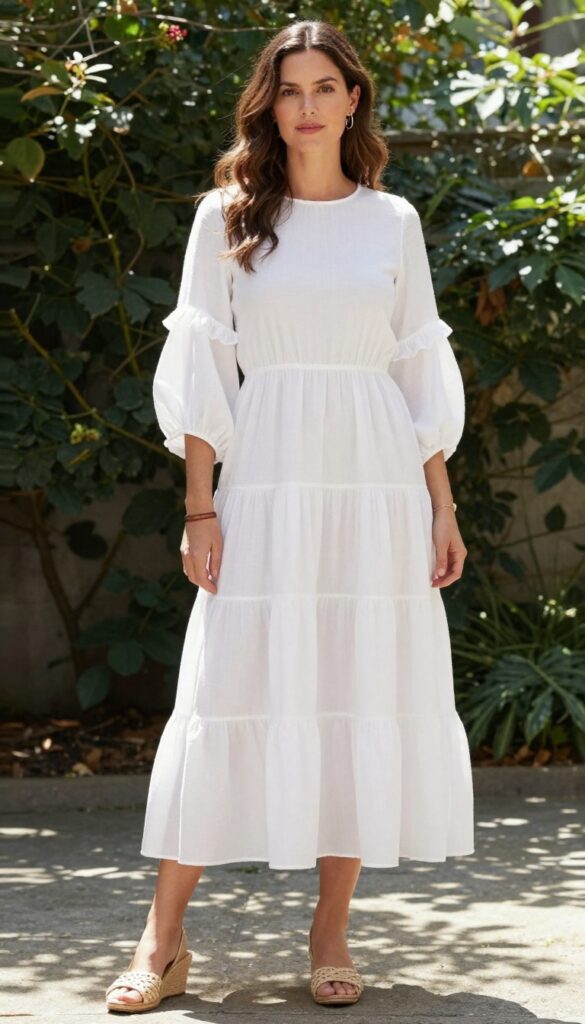 Young woman in white tiered ruffle long sleeve dress and woven wedges standing in sunlit garden, boho wedding outfit