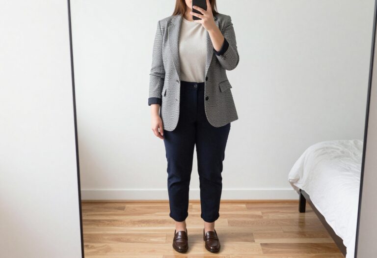 Woman in business casual outfit taking a mirror selfie in bedroom