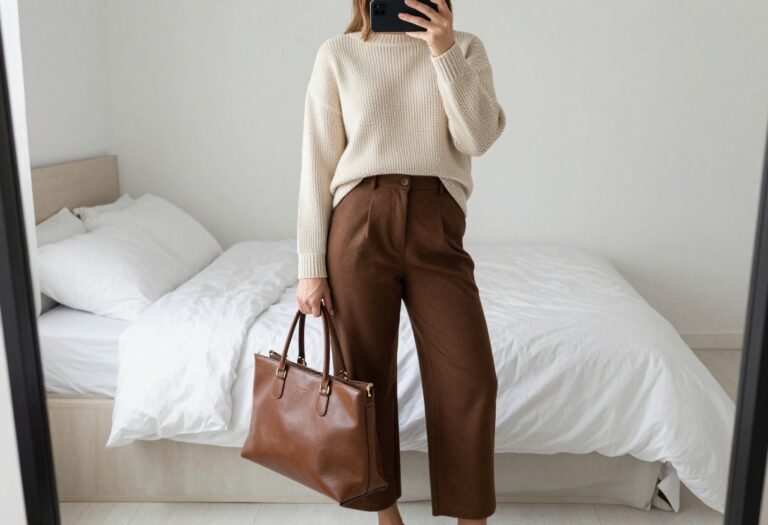 Woman taking a mirror selfie in a cream knit sweater and wide-leg trousers for a business casual outfit idea.