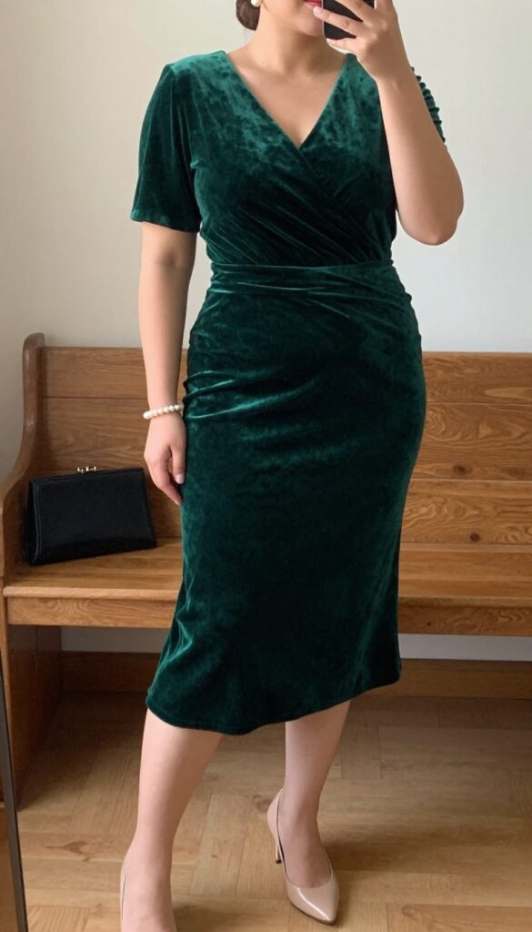 Plus-size woman in emerald green velvet A-line dress with pearl accessories inside a softly lit chapel