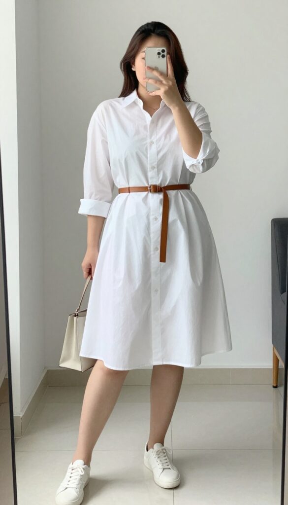 Woman in a white striped cotton poplin shirt dress with a thin brown belt, white sneakers, and a structured tote bag, standing in a bright office or cafe setting.