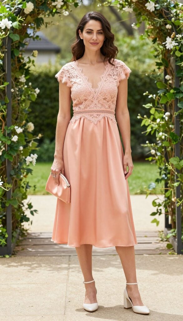 Woman in peach satin A-line dress with lace overlay, standing in garden