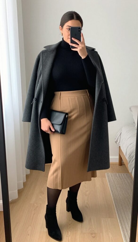 Plus-size woman in a fitted black turtleneck and camel pleated skirt posing in a mirror selfie, with ankle boots and a structured bag, in a bright minimalist room.