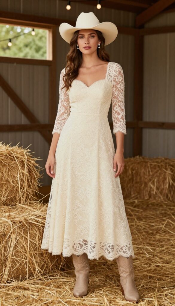 Woman in lace ball gown and cowboy hat in barn