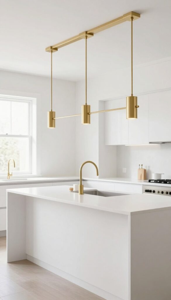 Modern kitchen with long island illuminated by three linear brushed brass suspension fixtures hanging parallel to the island, bright natural light, clean composition.