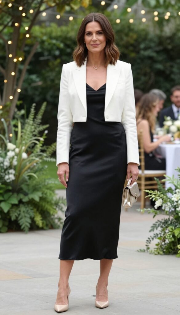 Woman in black satin slip dress and white cropped blazer at garden wedding
