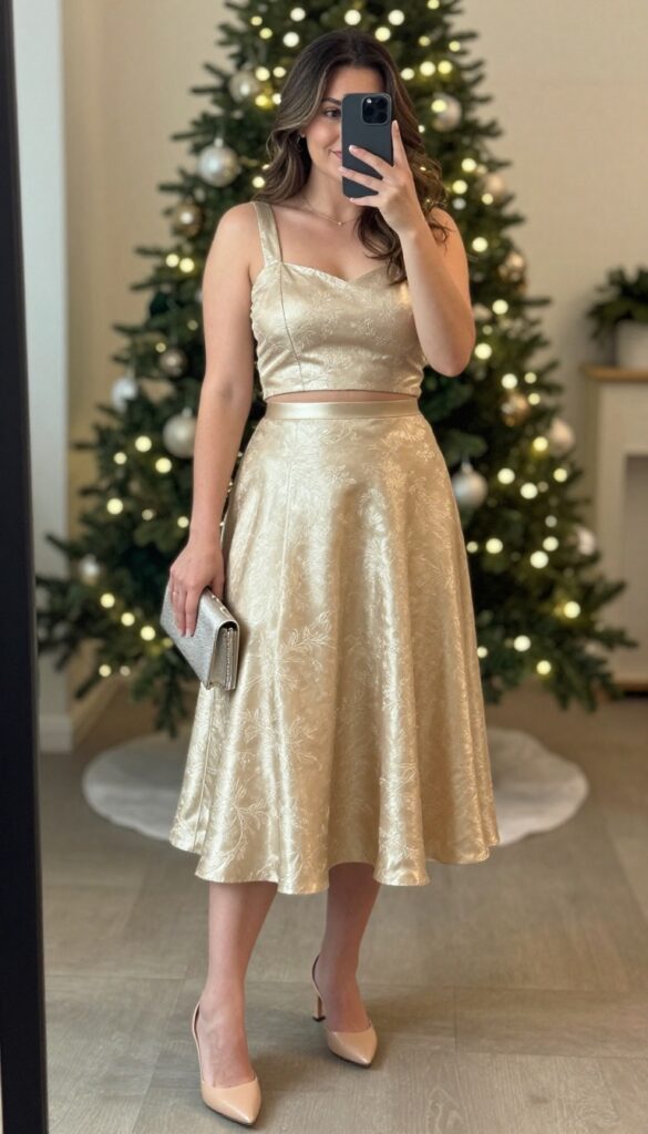 Plus-size woman in metallic gold two-piece set at evening wedding reception