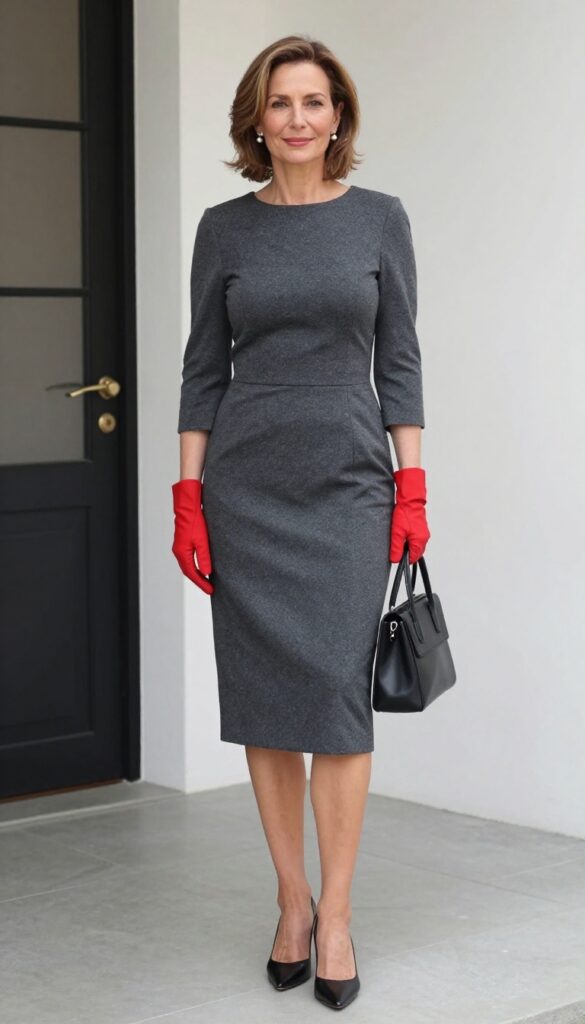 Older woman in charcoal gray sheath dress with red gloves and black accessories at wedding venue