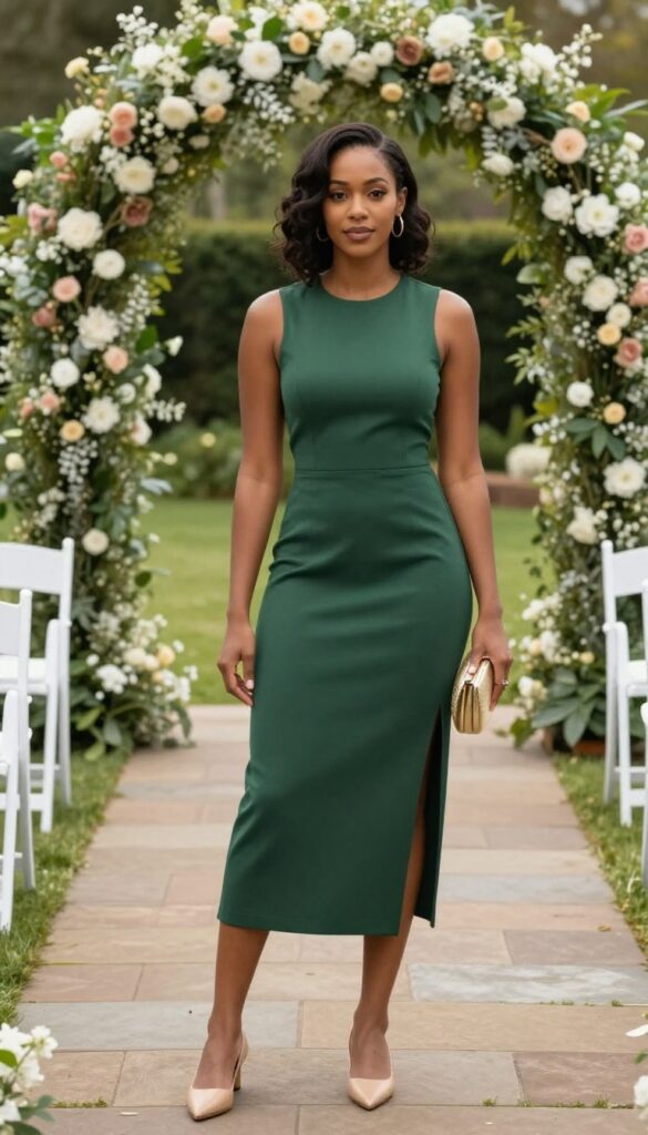 Black woman in high-neck green midi dress with nude flats and gold clutch at garden wedding