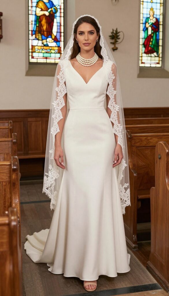 Adult woman in blush column gown with lace mantilla veil and pearl choker, standing gracefully in a church setting.