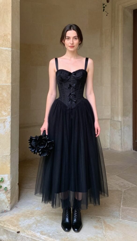 Woman in black corset dress with bow accents and tulle skirt at gothic wedding