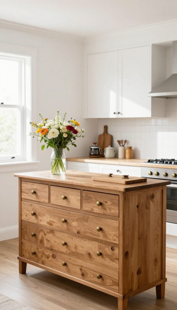 A vintage dresser used as a kitchen sideboard with flowers and coffee setup