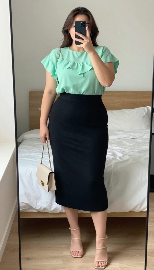 Woman in mint green ruffle blouse and black midi skirt, posing in mirror selfie, phone partially covering face, bedroom background.