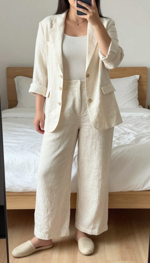 A woman in an ivory linen blazer and sand culottes, wearing a simple tank and flat slides, holding a woven tote, in a bright, airy setting.