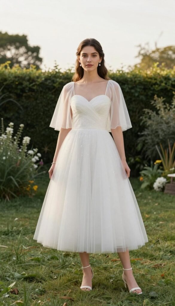 Bride in white crystal ball gown with short illusion cape, standing in garden at golden hour