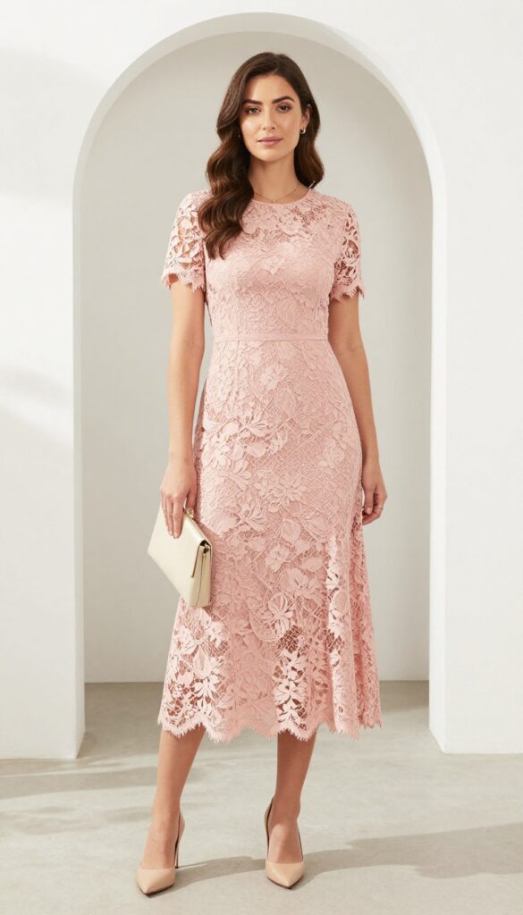 A woman in a blush pink lace midi dress and nude heels poses in a sunny garden with a white archway.