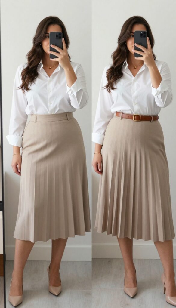 A woman in a white button-down shirt tucked into a taupe pleated midi skirt, wearing nude pumps, standing in a business casual setting.