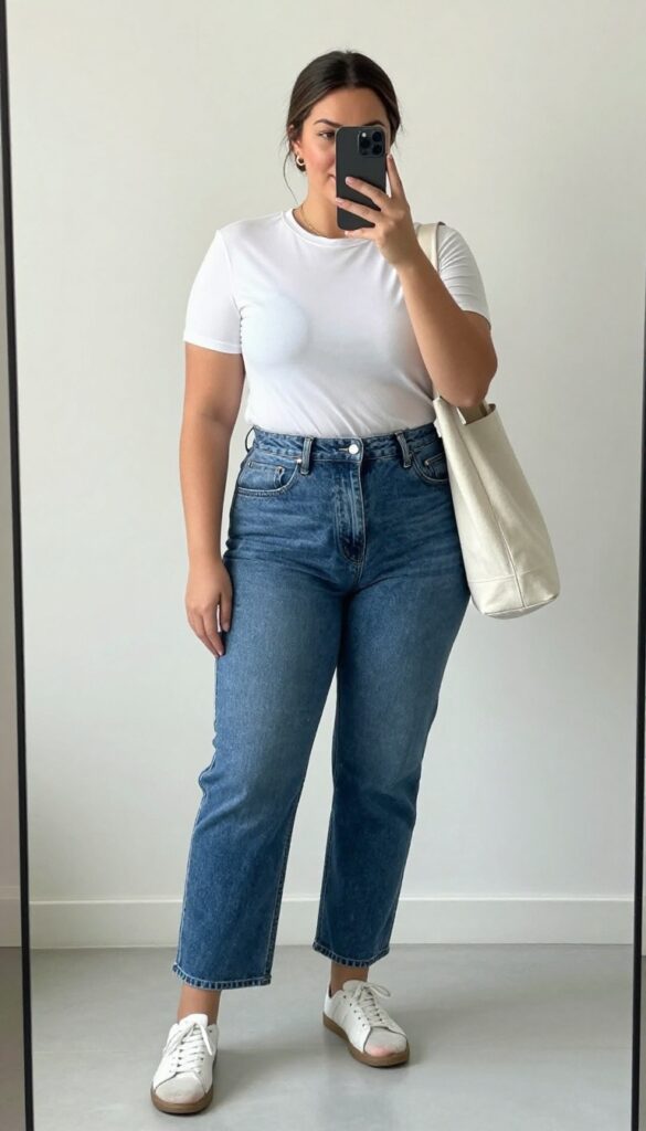 Plus-size woman in a high-waisted jean skirt and white tee, taking a mirror selfie with sneakers and gold jewelry.