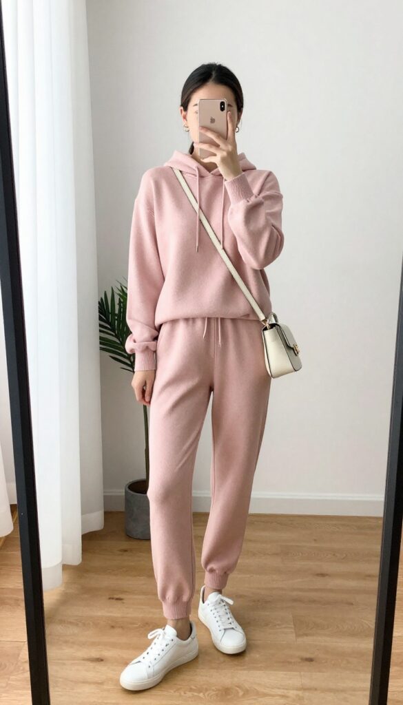 Young mom in a matching pastel pink lounge set and white sneakers, taking a mirror selfie in a bright room. Effortless and comfortable outfit for casual outings.