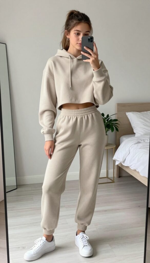 Teen girl wearing a beige cropped hoodie and matching high-waisted joggers, white sneakers, taking a mirror selfie in a bright, clean bedroom. The outfit is cozy and stylish, with a monochrome neutral look.