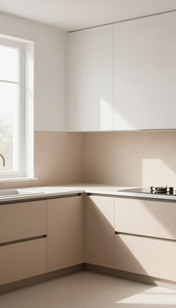Two-tone kitchen walls with light upper and darker lower halves, creating visual interest and height.