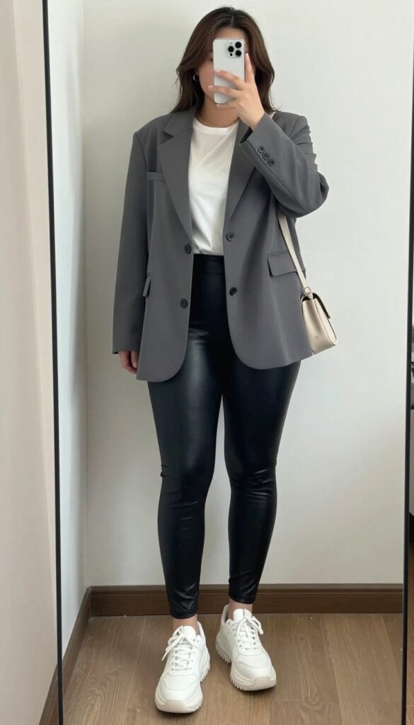 Woman in black leather leggings, oversized blazer, white tee, and chunky sneakers, posing in front of a mirror with phone partially covering face.