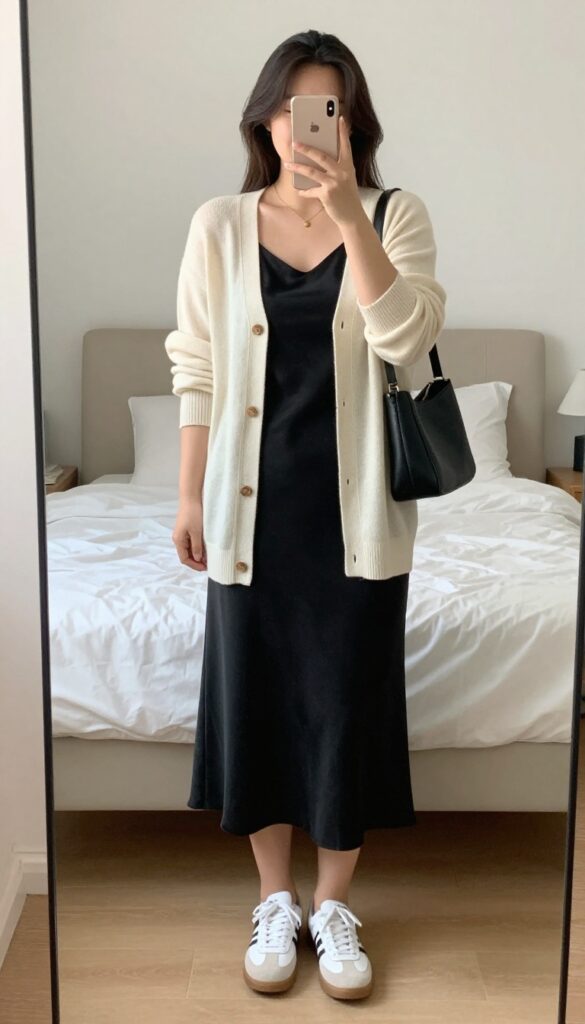 Woman in cream cardigan over black slip dress with white sneakers, mirror selfie, bedroom setting