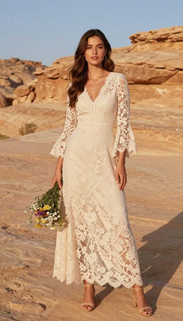 Woman in bohemian lace maxi dress with bell sleeves standing on desert rock formation at golden hour
