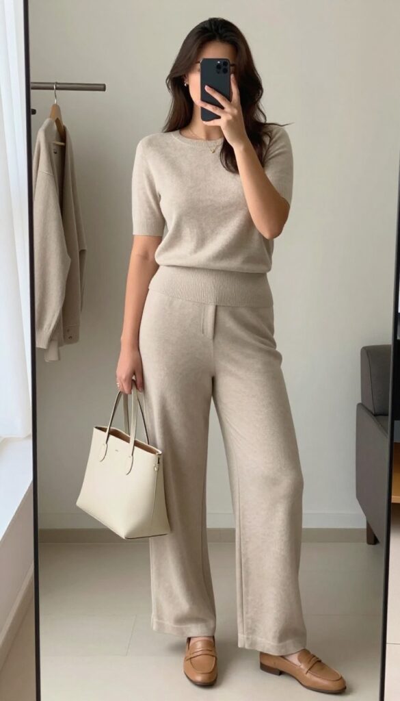 Plus-size woman in a matching beige knit two-piece set with loafers and a tote bag, taking a mirror selfie in a bright room.