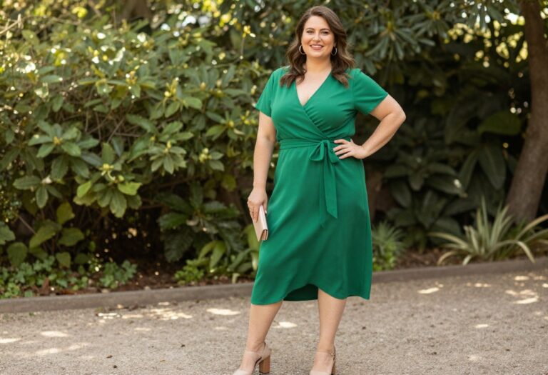 Midsize woman in emerald green wrap dress with gold accessories, standing in a garden, wedding guest outfit inspiration.