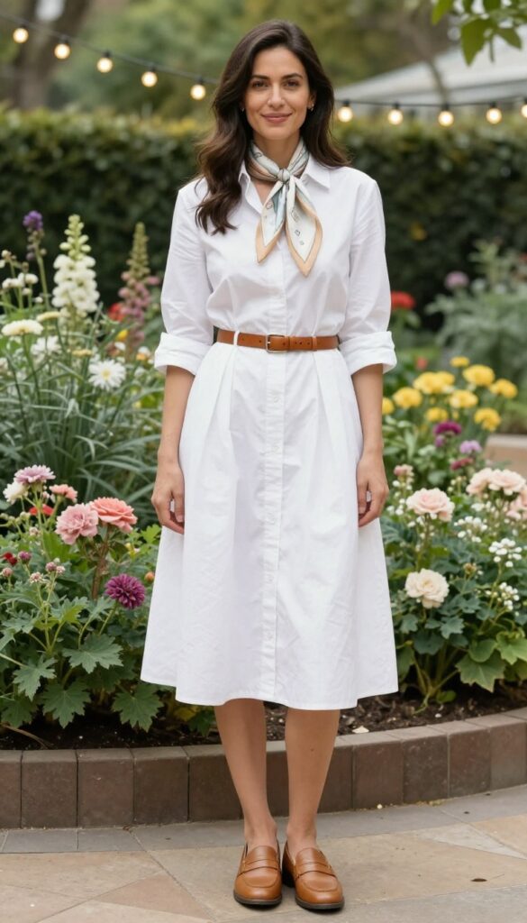 Woman in white shirt dress with belt and loafers in garden