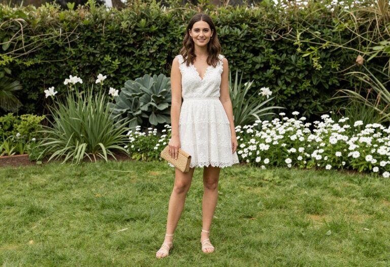 Woman in white lace mini wedding dress with strappy sandals in sunny garden