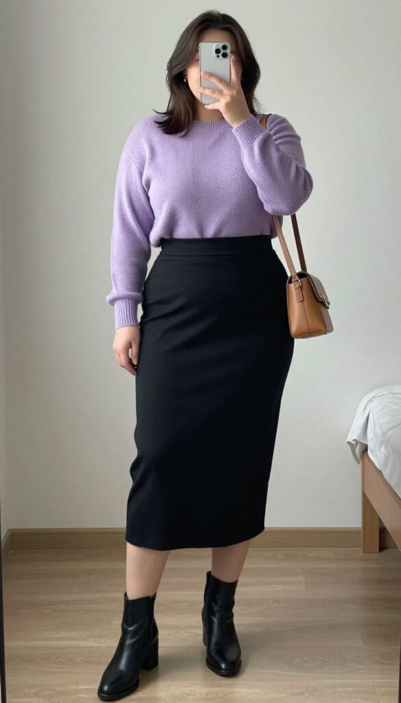 Black A-line skirt paired with a lavender sweater and ankle boots for a business casual look.