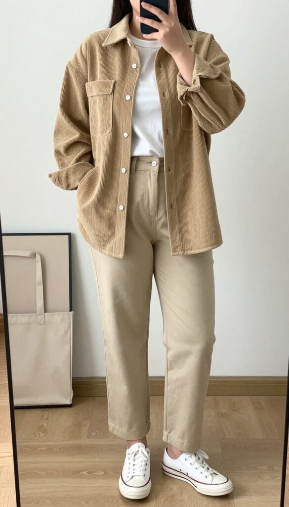 Woman in tan corduroy shirt jacket, white tee, and beige chinos with white sneakers and canvas tote.