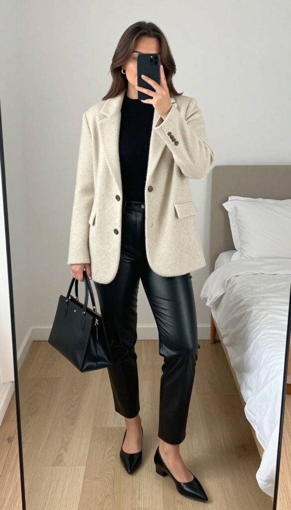 A woman in an oatmeal knit blazer, ribbed black top, and black faux leather pants, wearing pointed flats and carrying a structured tote, posing in a mirror selfie.