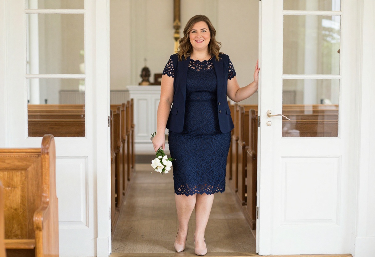 Plus size woman in navy lace midi dress and blazer standing in chapel doorway