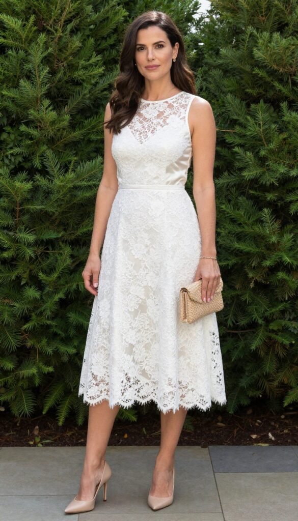 Boho wedding dress outfit: lace A-line dress over satin slip, nude heels, woven clutch, gold jewelry, in garden.