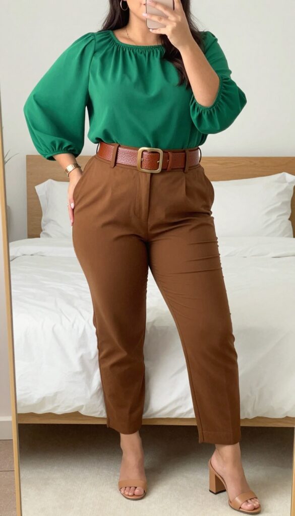 Woman in emerald blouse tucked into brown trousers with wide leather belt, heeled sandals, and minimal jewelry