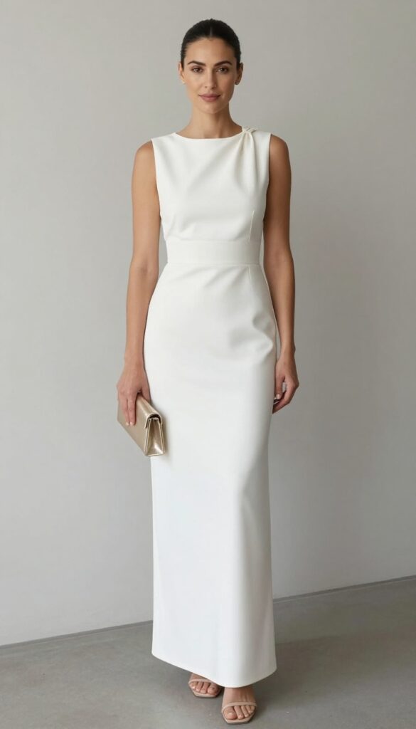 Woman in white column dress with front bow, nude sandals, metallic clutch, in minimalist church setting
