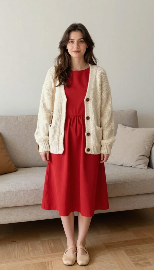 Woman in red wedding dress with cream knit cardigan and beige flats
