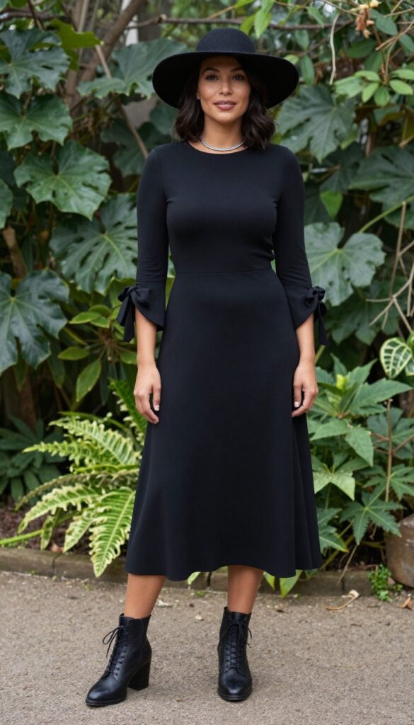 Woman in black sheer-sleeve dress with bow cuffs, wide-brim hat, and lace-up boots in misty garden